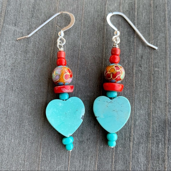 ❣️SALE Turquoise Heart & Vintage Red Bead Earrings - Picture 2 of 12